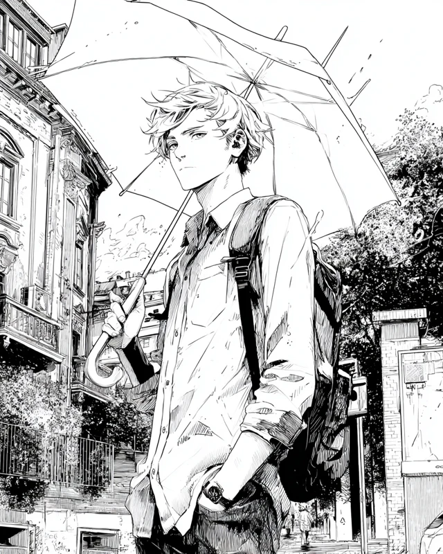 Anime Inspired Male with Umbrella Street Illustration
