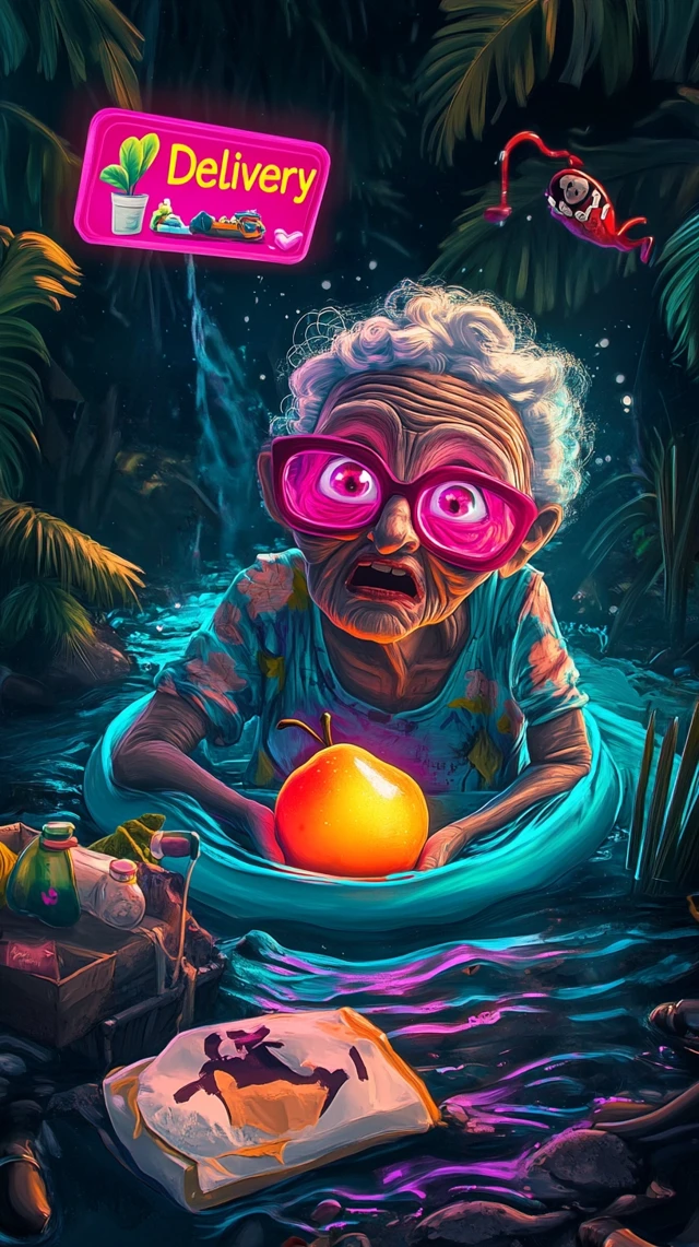 Cartoon Grandma Peach Delivery Surreal Scene