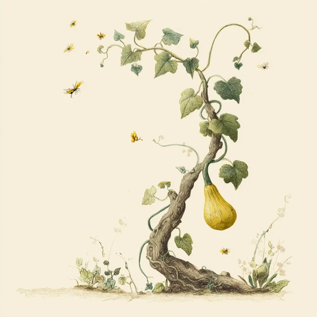 Vine Illustration with Gourd and Flies