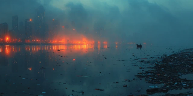 Evening Cityscape with Smog and River