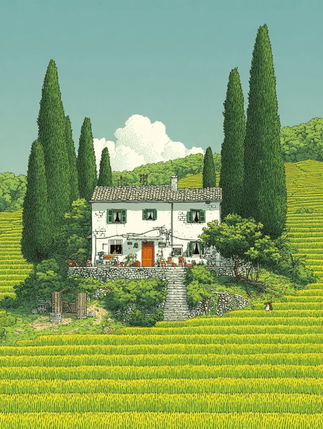 Farmhouse on Green Fields Illustration