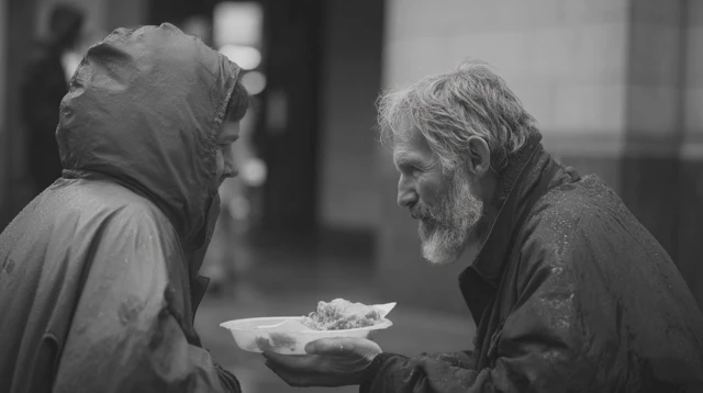 Sharing Food Kindness Homeless Man