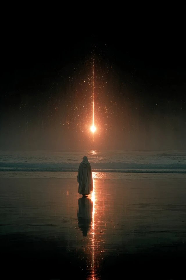 Man Walking on Ocean Under Bright Star