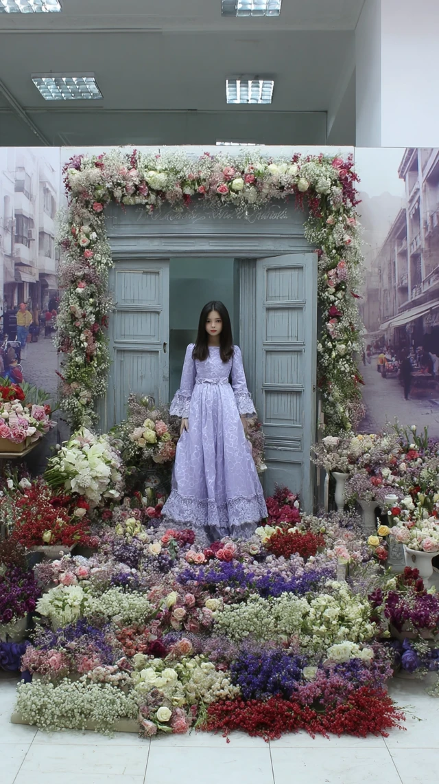 Doll Girl at Flower Shop Entrance