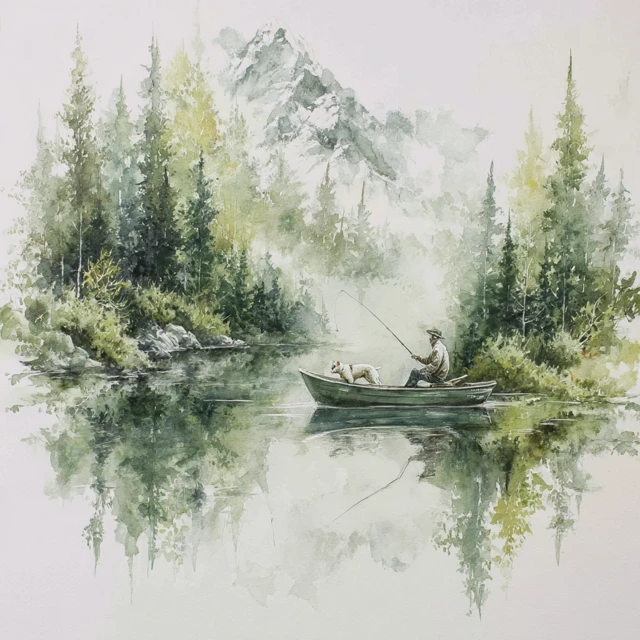 Watercolor Fishing Scene Man Dog Mountain Lake