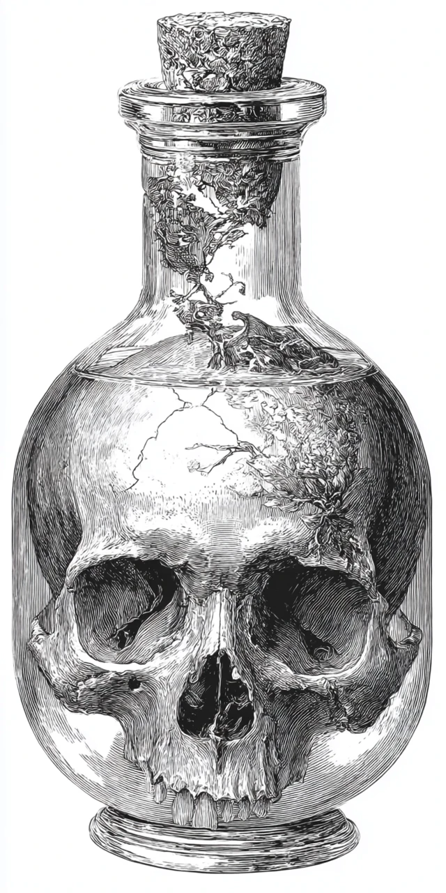 Mutated Skull in a Potion Bottle Engraving