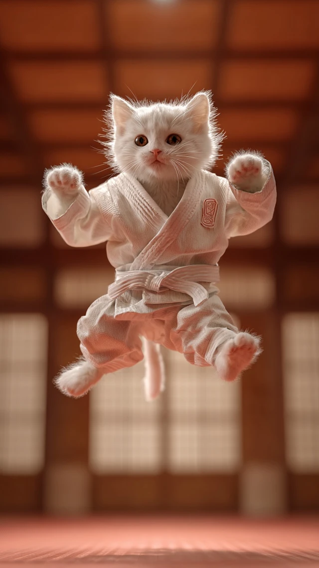 Karate Kitten Jump Kick Dojo Action Pose