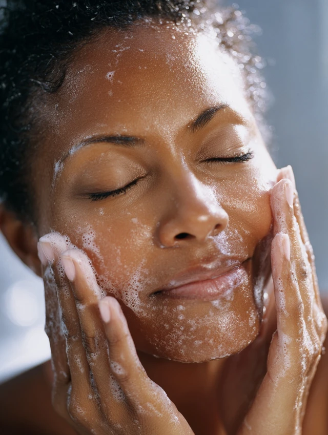 Skincare Routine African American Woman Washing Face