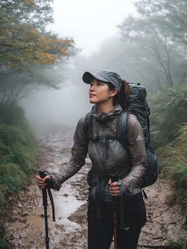 Korean Hiker in Misty Summer Mountain Hike
