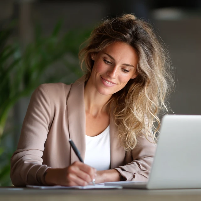Businesswoman Writing Email Focused and Positive