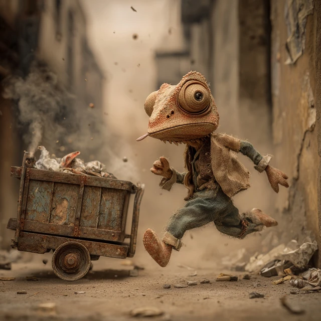Chameleon Chases Flies Grimy Surreal Urban Scene