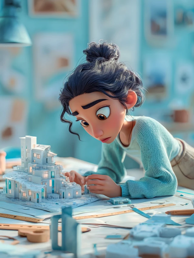 Latina Woman Pixar Style Working Architecture