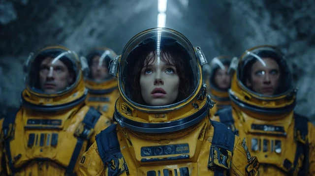 Alien Encounter Scientists in Pressure Suits