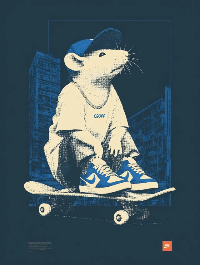 Retro Skateboarding Rat Mascot 1950s Comic Style