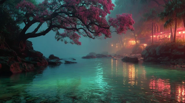 Night Beach Scene Cinematic Lights Reflections