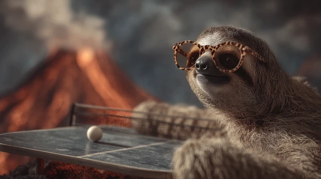 Sloth Playing Ping Pong on a Volcano