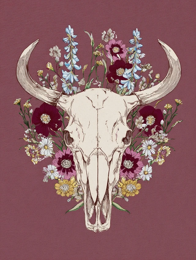 Boho Floral Cow Skull TShirt Design