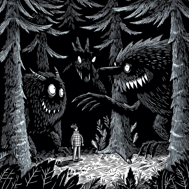 Unsettling Monsters in a Dark Pine Forest