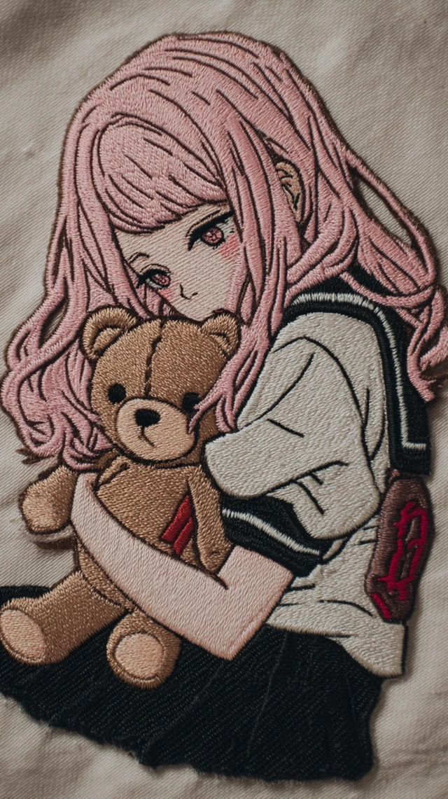 Anime Embroidered Patch Shy Girl With Teddy Bear
