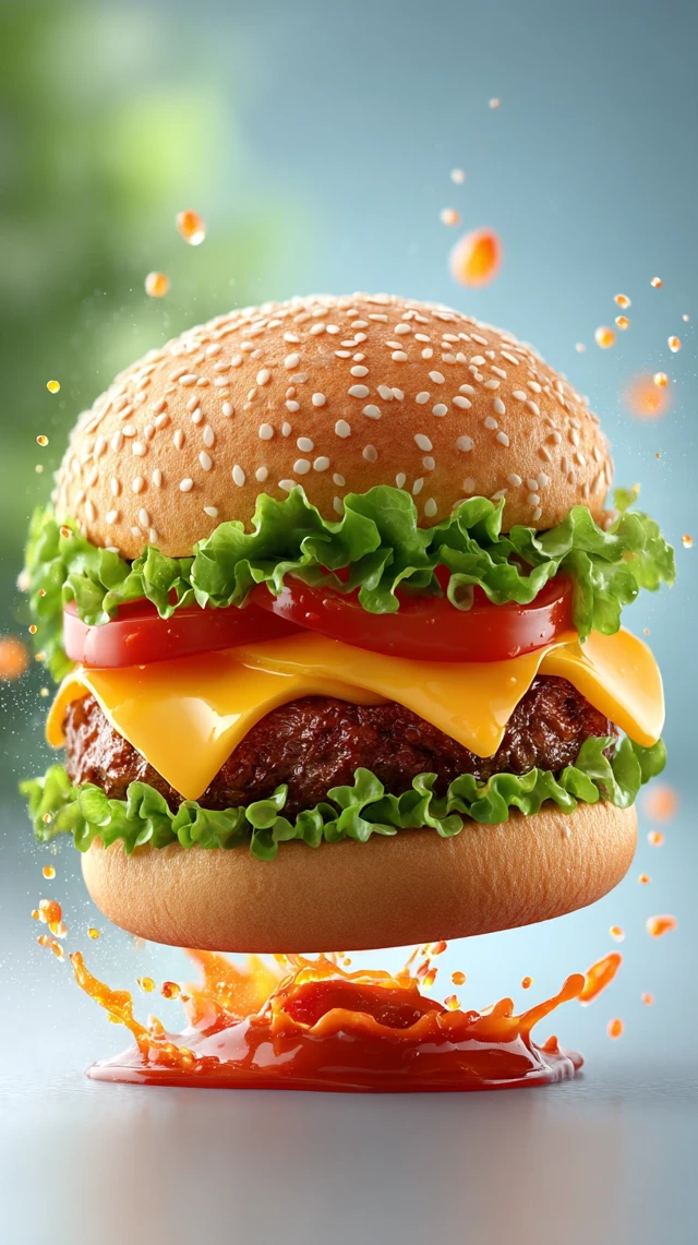 Delicious Burger Falling with Cheese and Tomato