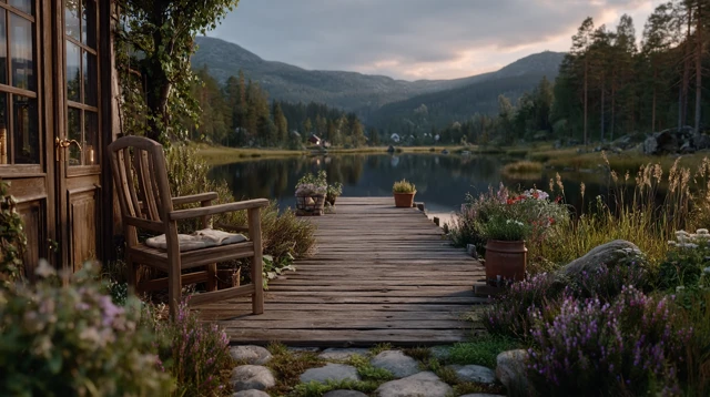 Serene Dawn Landscape Floating Dock and Misty Lake
