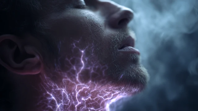 Surreal Man Exhales Mist with Glowing Nerves