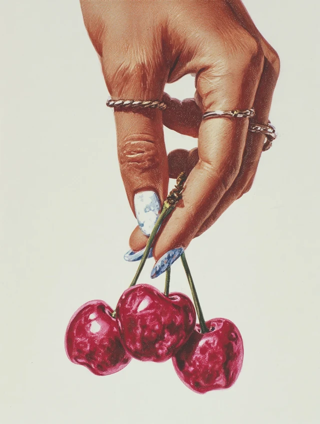 Hand Holding Cherries Pulp Art Illustration