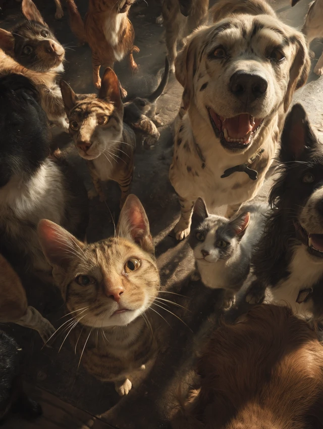 Cats and Dogs Playing Together Photorealistic