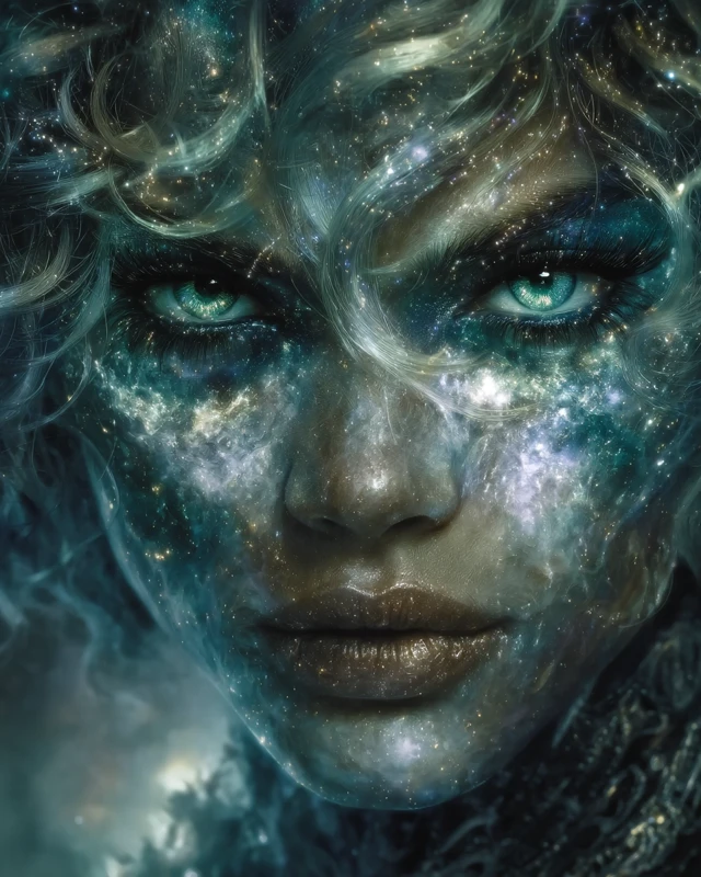Cosmic Woman Portrait Nebula Eyes Hyperreal