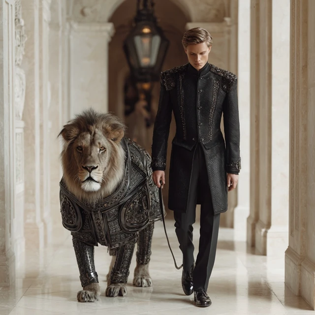 Man and Lion Luxury Editorial Photo Giorgio Armani Style