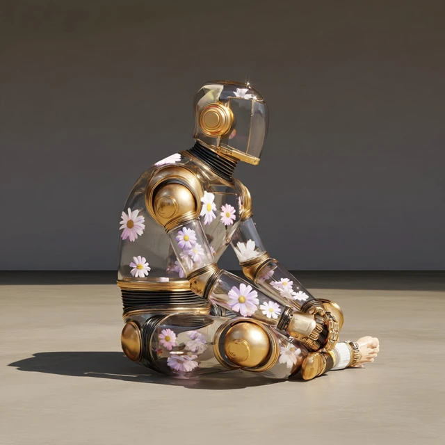 Golden Robot Vinyl Figure with Flowers 3D Render