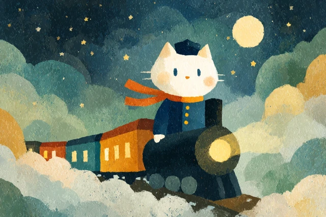 Whimsical Watercolor Train Cat Illustration