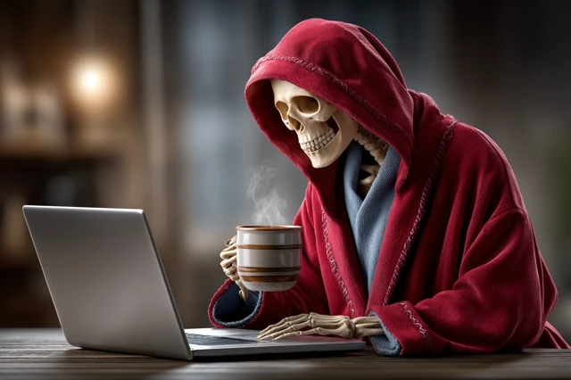 Skeleton in Robe Laptop Burnout 8K Photorealistic