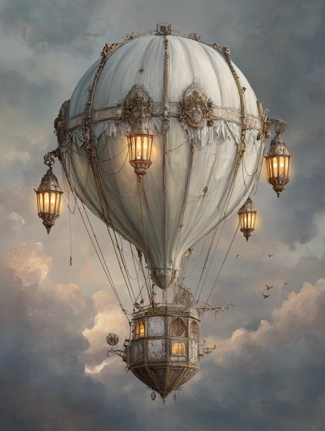 Steampunk Hot Air Balloon with Lanterns and Clouds