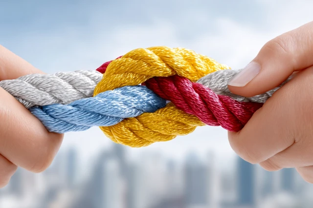Hands Holding Colorful Ropes Knot