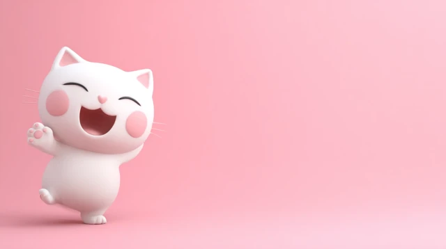 Cute 3D Cartoon Cat Waving Hello Pastel Pink Background