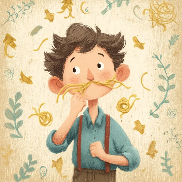 Boy with Pasta Mustache Childrens Book Illustration
