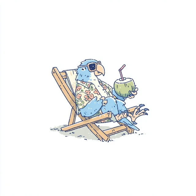 Cute Cartoon Parrot on Vacation Drinking Coconut Juice