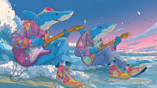 Shark Musicians Playing Guitars on Beach Art