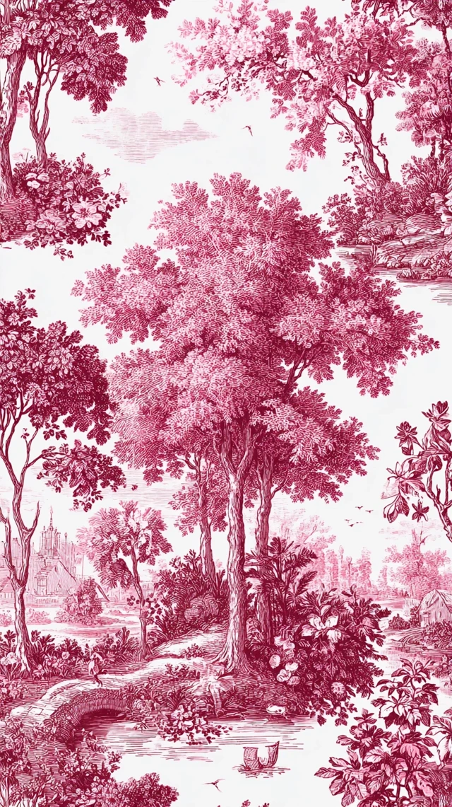 Pink Toile de Jouy Pattern Trees Flowers