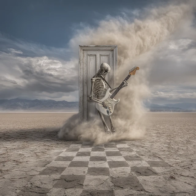 Skeleton Guitarist in Desert Doorway