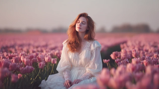 Woman in Tulip Field European Spring Beauty