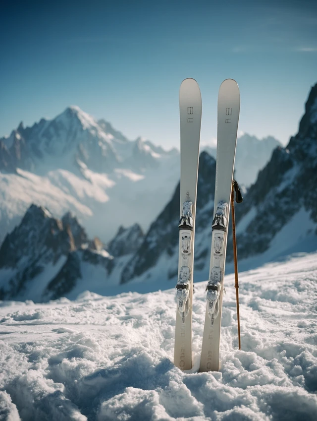 Designer Skis Luxury Advertisement on Mountaintop