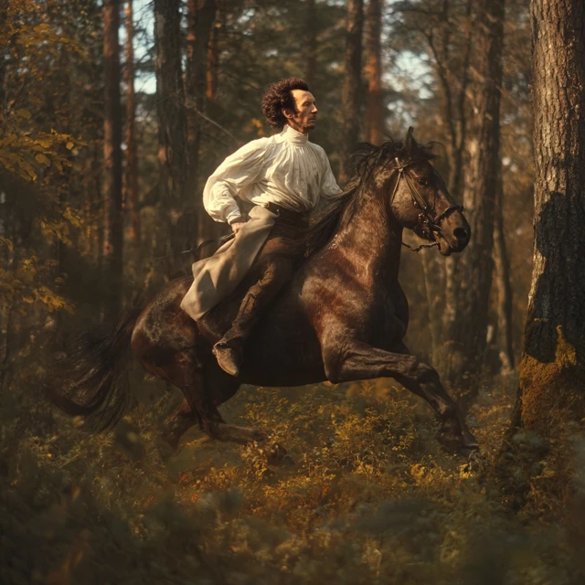 Alexander Pushkin Riding Horse in Russian Forest