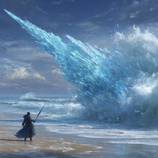 Mage Casting Ice Spell at Beach Fantasy Art