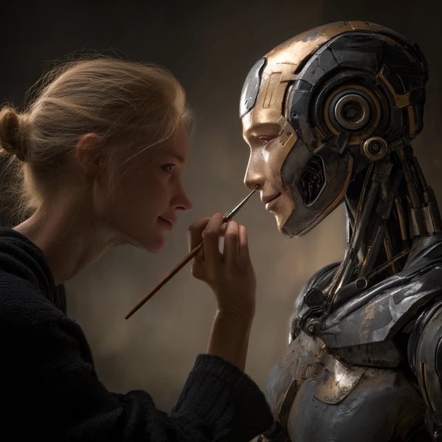 Woman Painting Robot Face Emotional Cinematic Scene