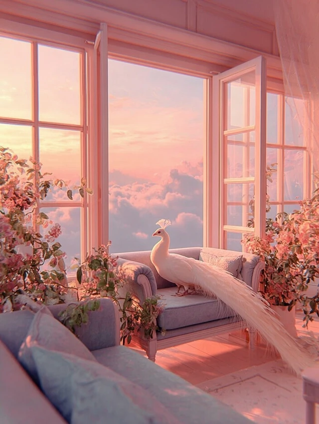 Dreamy Room with White Peacock and Pink Clouds