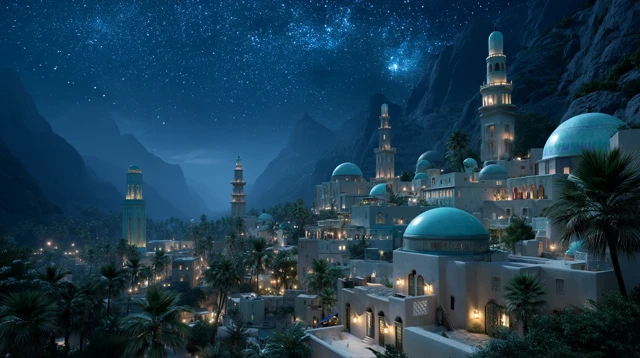 Mystical Islamic Village Night Scene