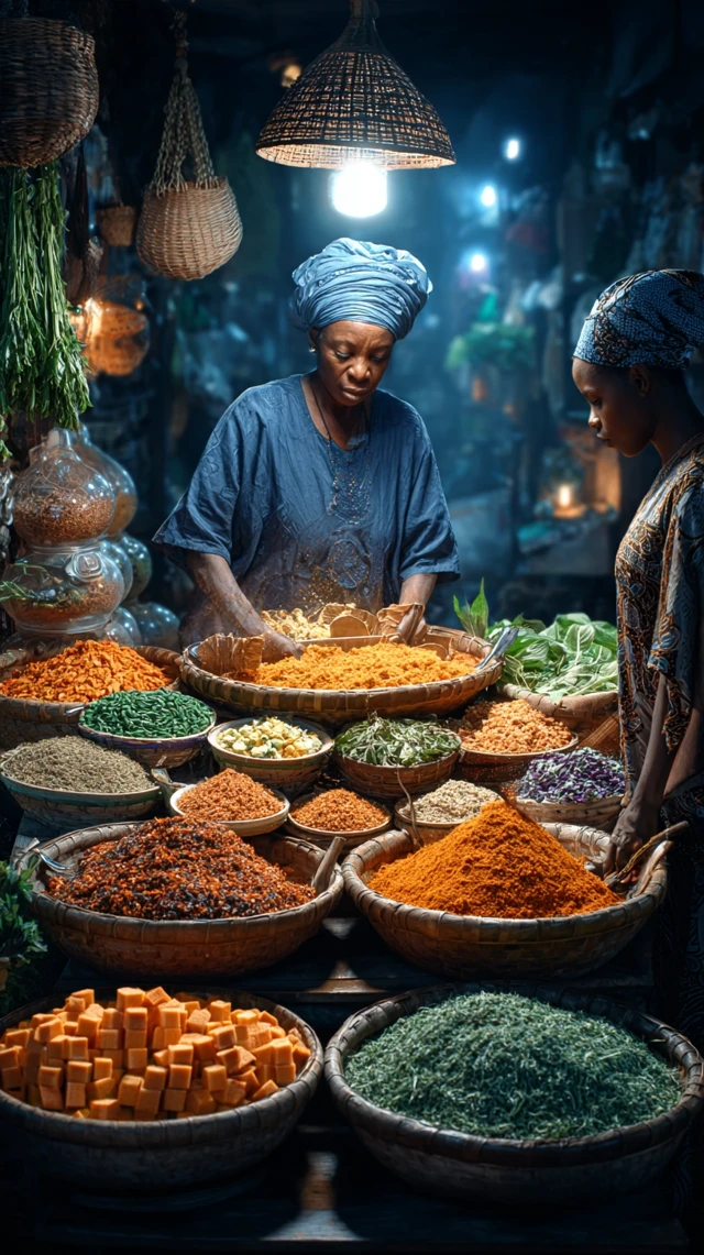 Cameroonian Market Scene Spices and Women