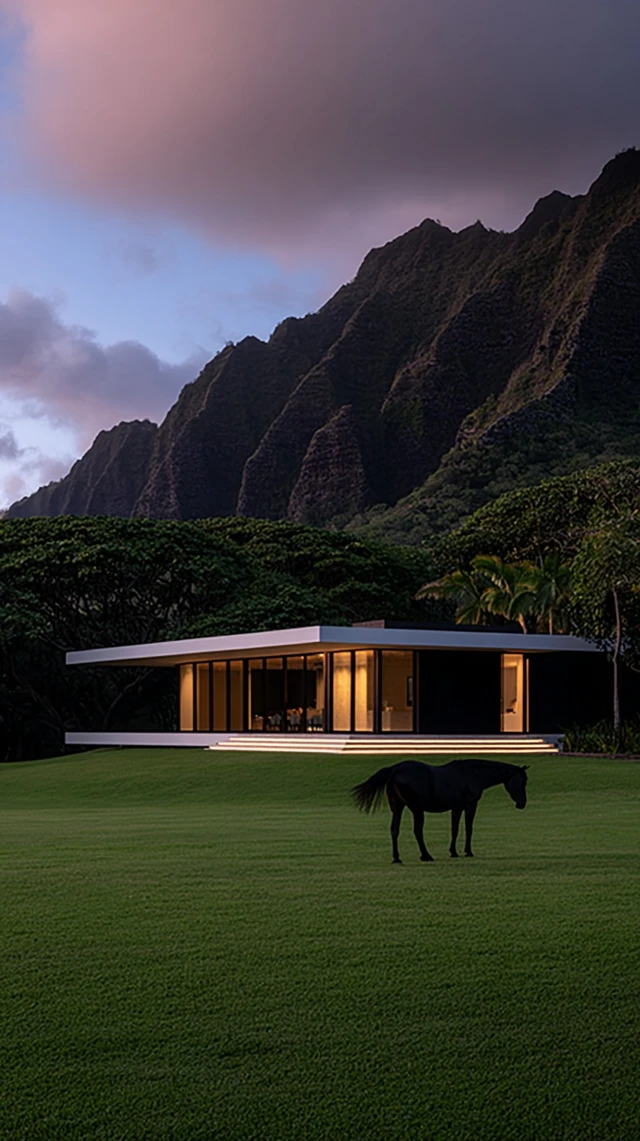 Modern House in Hawaii Mountains with a Horse